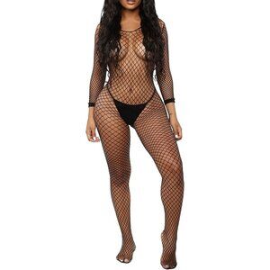 Women's Sexy Mesh BodyStocking Fishnet Lingerie Long Sleeve Bodysuits One Piece